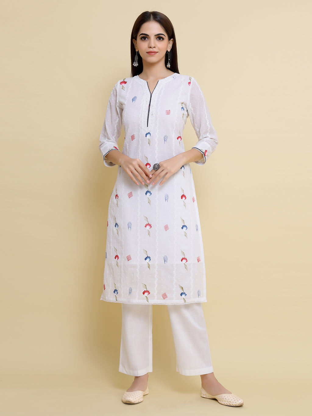 Cotton readymade anarkali kurti red with floral prints hakoba & sequin –  Maatshi